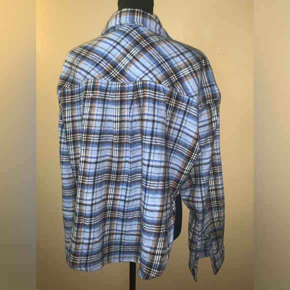 Plaid Flannel Cropped Shacket LetterJacket. - Picture 2 of 3